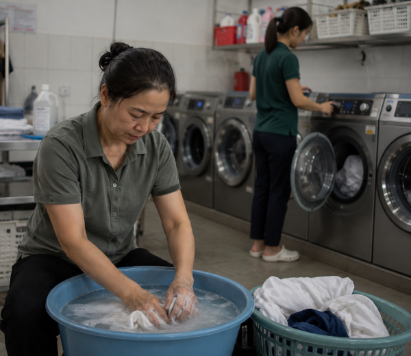 Hand washing delicate garments at a professional laundry service in Hoi An